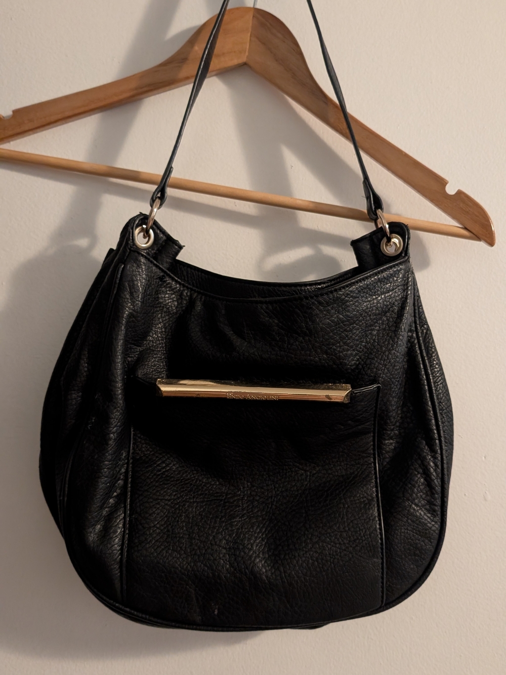 Enzo Angiolini Black Leather Hobo Shoulder Bag with Gold Accent